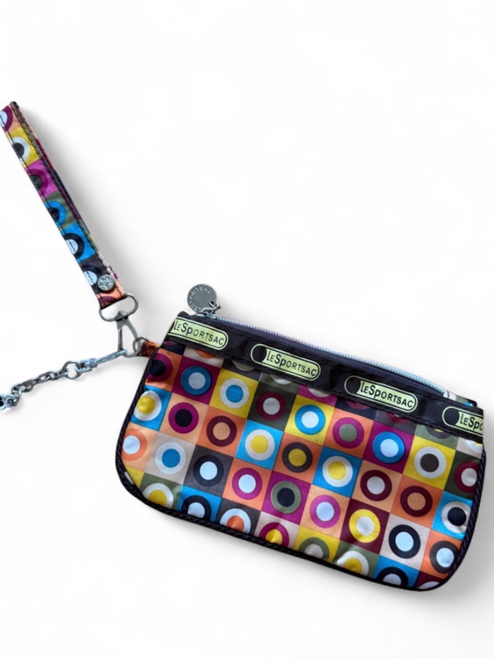 LeSportsac Square Dance Retrospot multi-colored polka dot wristlet with chain